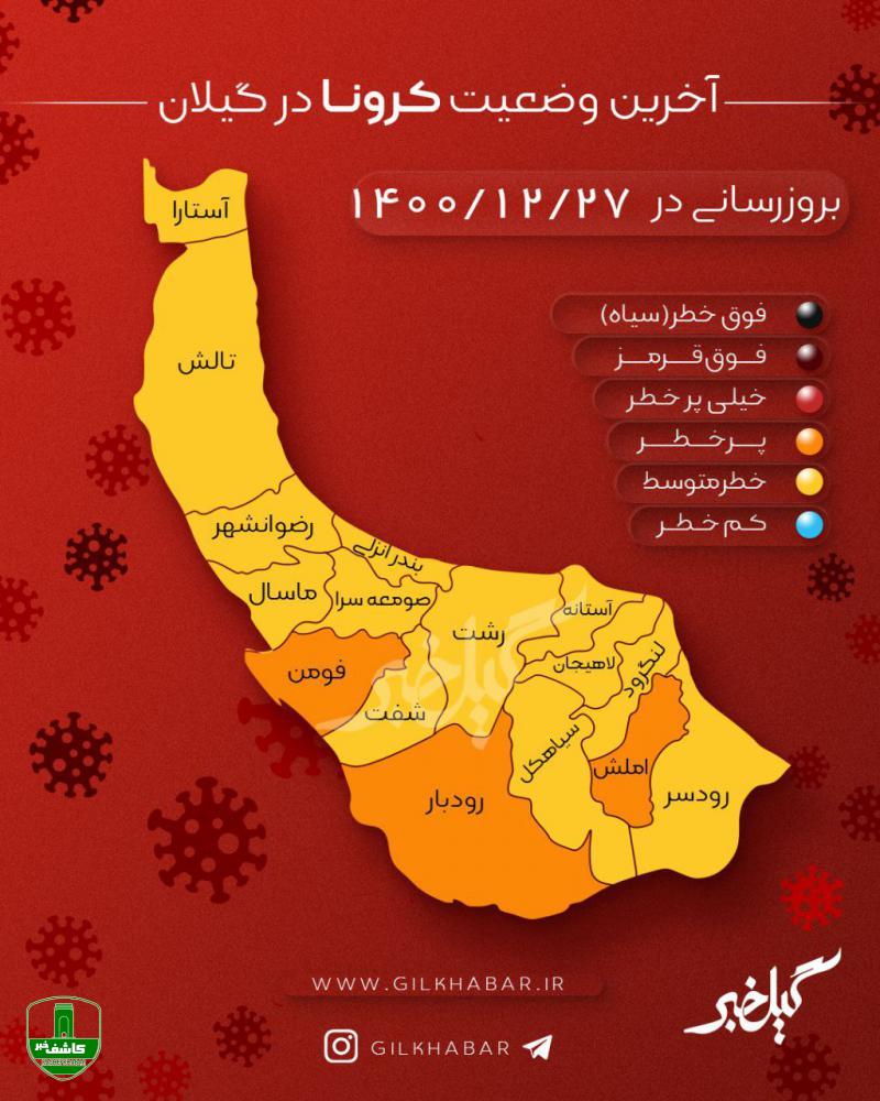 آخرین وضعیت کرونا در گیلان؛ رنگ قرمز کرونا از نقشه گیلان خارج شد/ افزایش شهرهای زرد